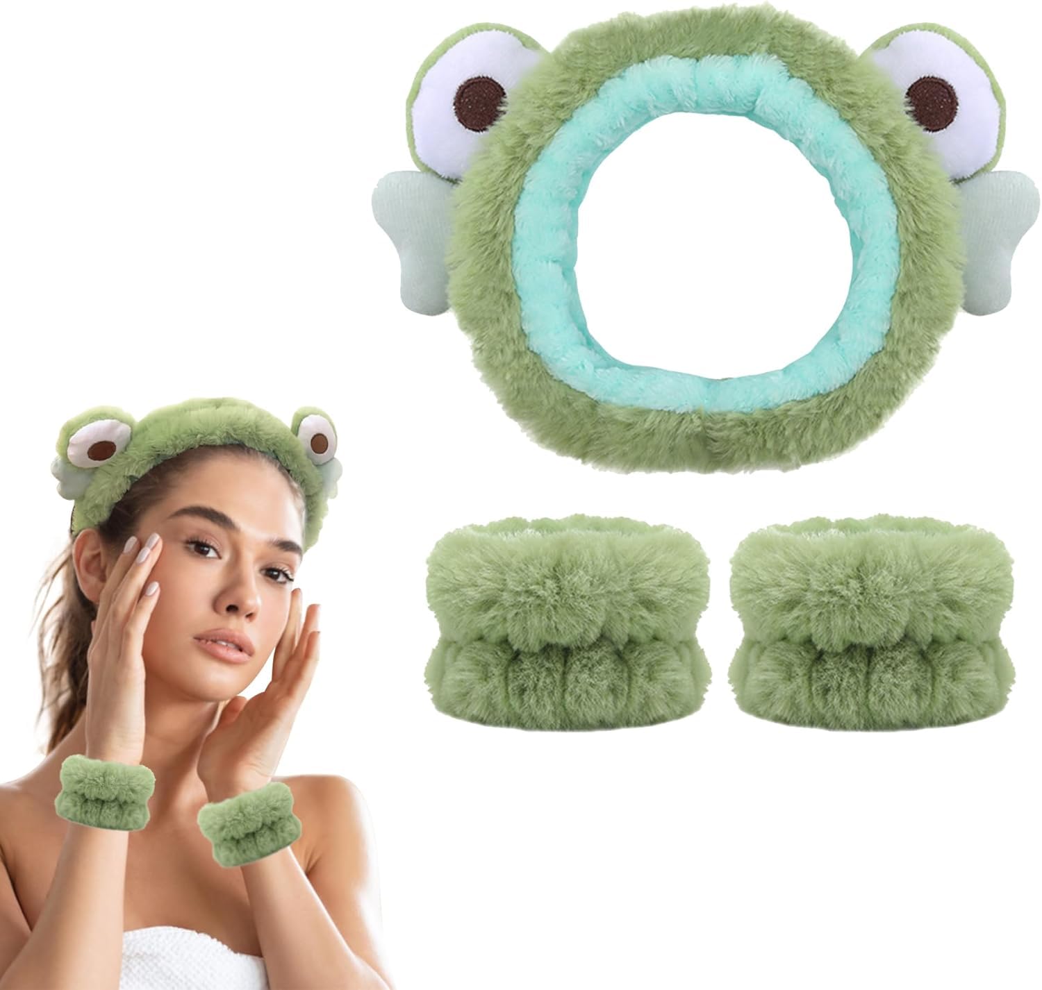 3-Piece Frog Spa Headband and Wristband Set - Green Frog Eye Elastic Headband,Cute Makeup Hair Band with Wristband for Women Girls Face Washing Skincare ShowerGreen, Regular)-image-32