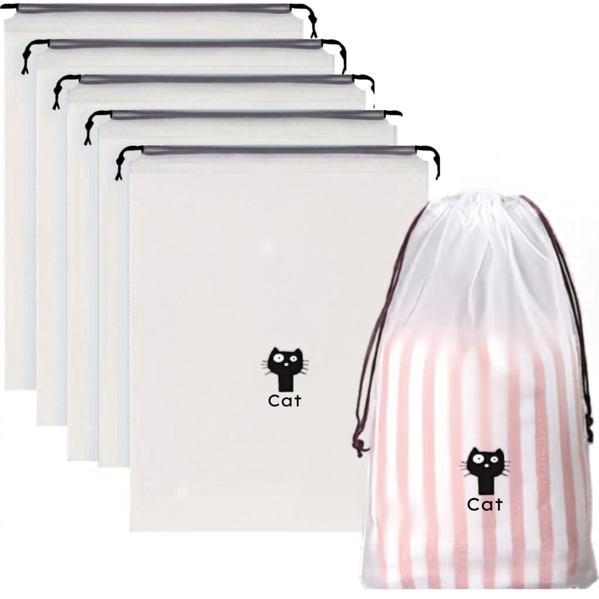 Premium Reusable Mesh Drawstring Storage Bags Set | Multipurpose Travel, Laundry & Clothes Organizer with Cloth Bag (Cute Cat Design) | Waterproof Drawstring Storage (Pack Of 5)-image-28