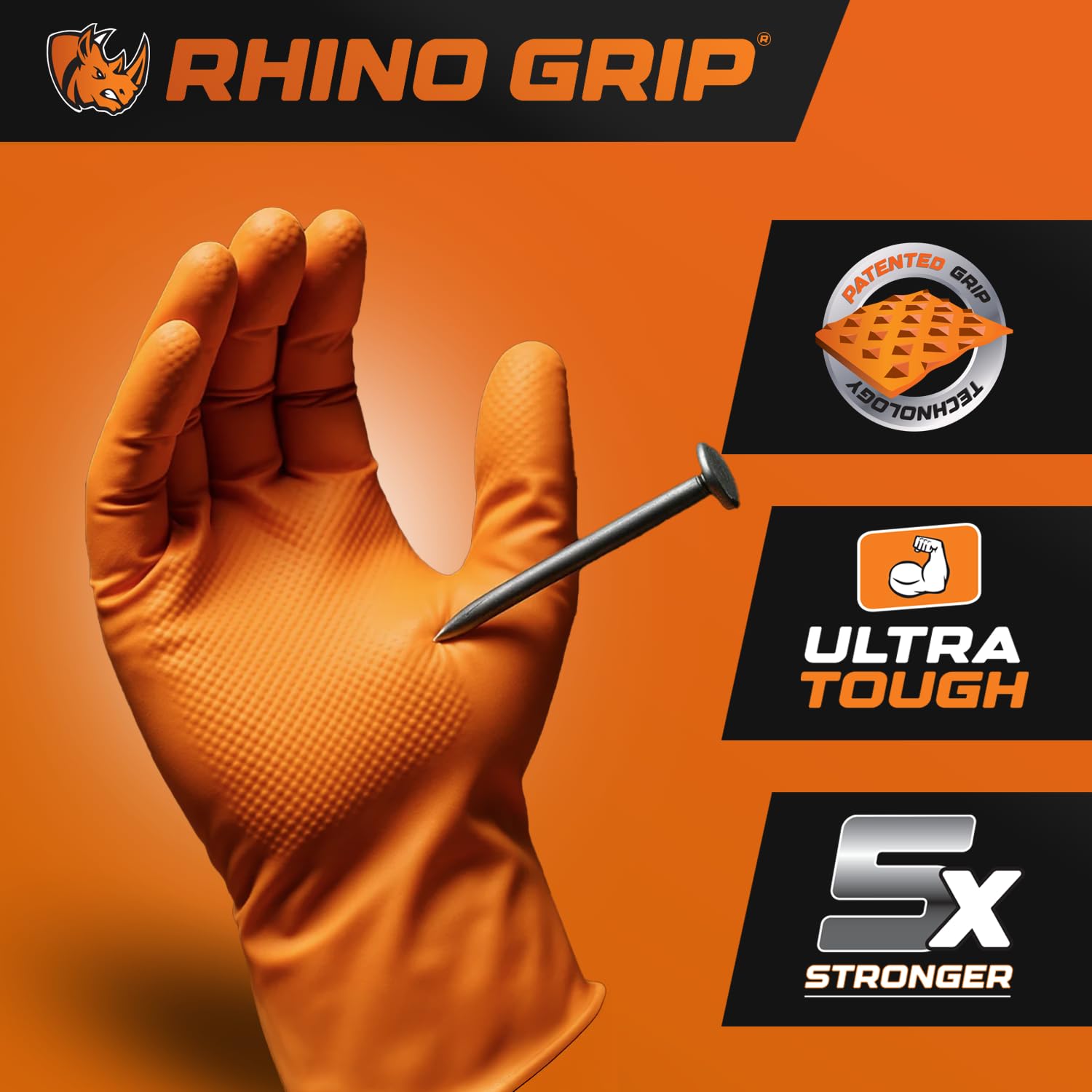RHINO GRIP Nitrile Gloves, Disposable Gloves, Diamond Grip Orange Gloves, Powder-free & Latex Free Nitrile Gloves - Image 3