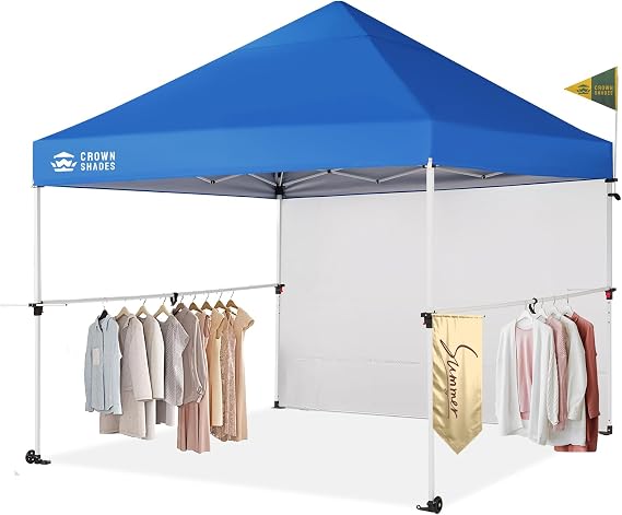 CROWN SHADES 10x10 Pop Up Commercial Canopy Tent, Patented One Push Setup, Heavy Duty Vendor Tent, 1 Removable Sidewall, 4 Wheels, STO-N-Go Bag, 400D Silver Coated, UPF 50+ Waterproof, Blue