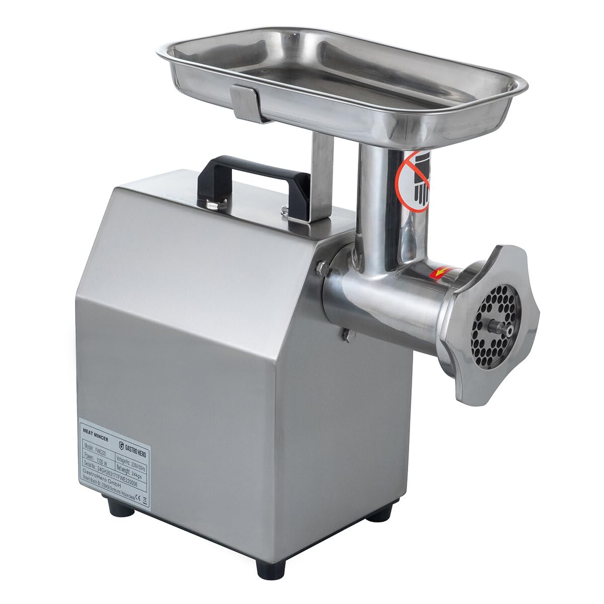 GastroHero Fleischwolf, 220 kg/Stunde, Edelstahl FWE220 | 2 Lochscheiben Ø 6 mm & Ø 8 mm, multifunktional, Hackfleisch, Pasteten oder Brotaufstriche, einfache Handhabung, 46x23x47 cm