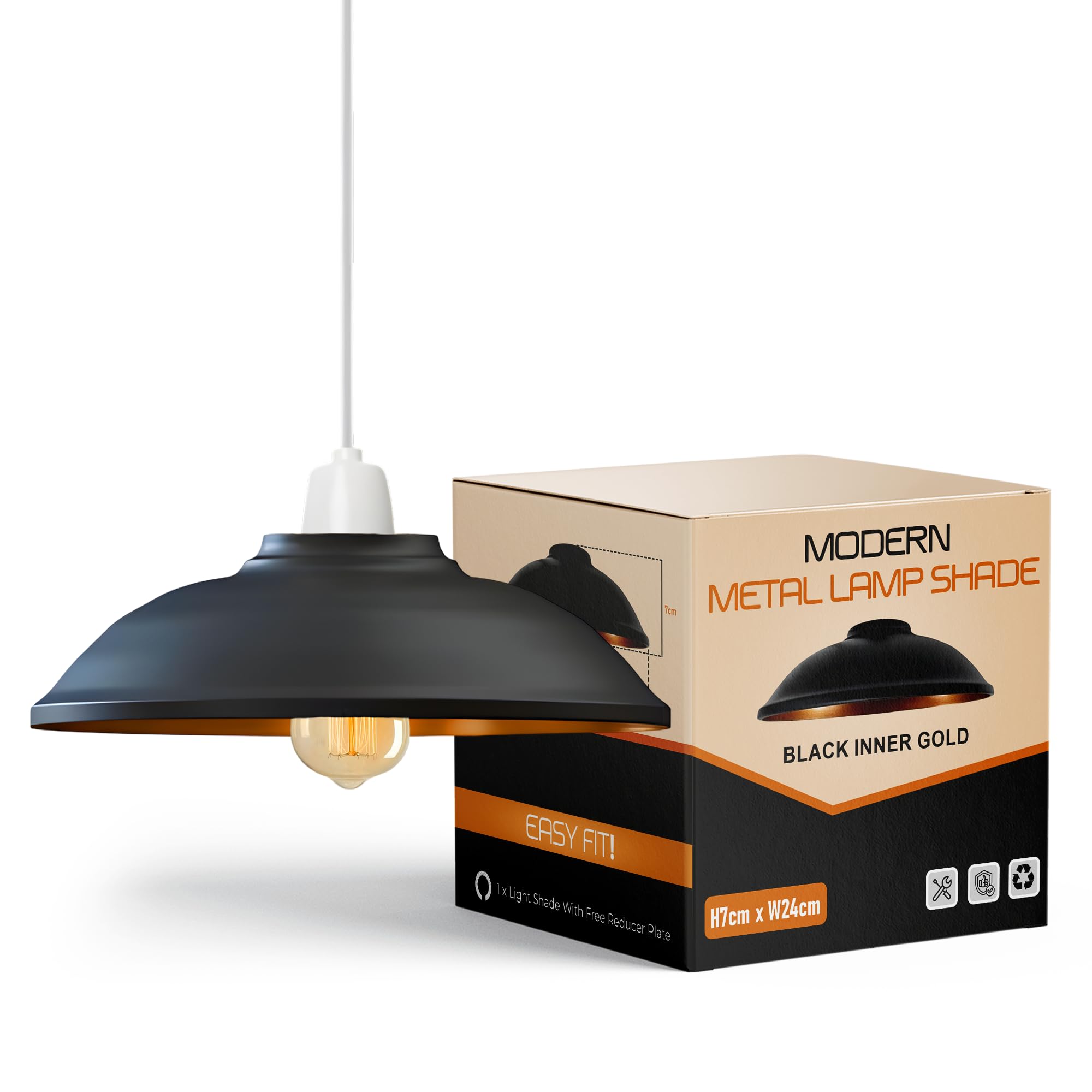 24cm Black Inner Gold Metal Lampshade, Easy Fit with 4cm Top Hole Modern Retro Vintage Pendant Light Shade for Kitchen, Living Room, Bedroom Cafe Decor Retro Lighting (Black Gold Inner, 9.44'')