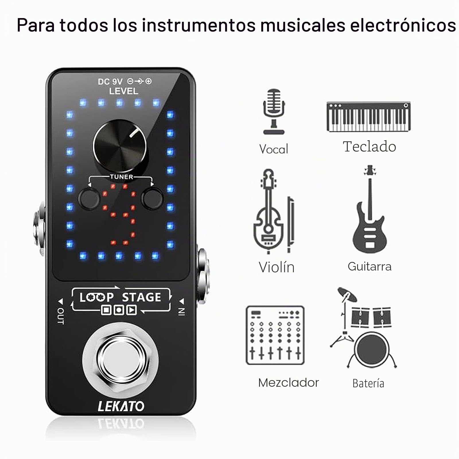 LEKATO Pedal de bucle de guitarra con fuente de alimentación Pedal de efecto de bucle de guitarra con 9 bucles sobregrabados ilimitados 40 minutos de tiempo de grabación para guitarra