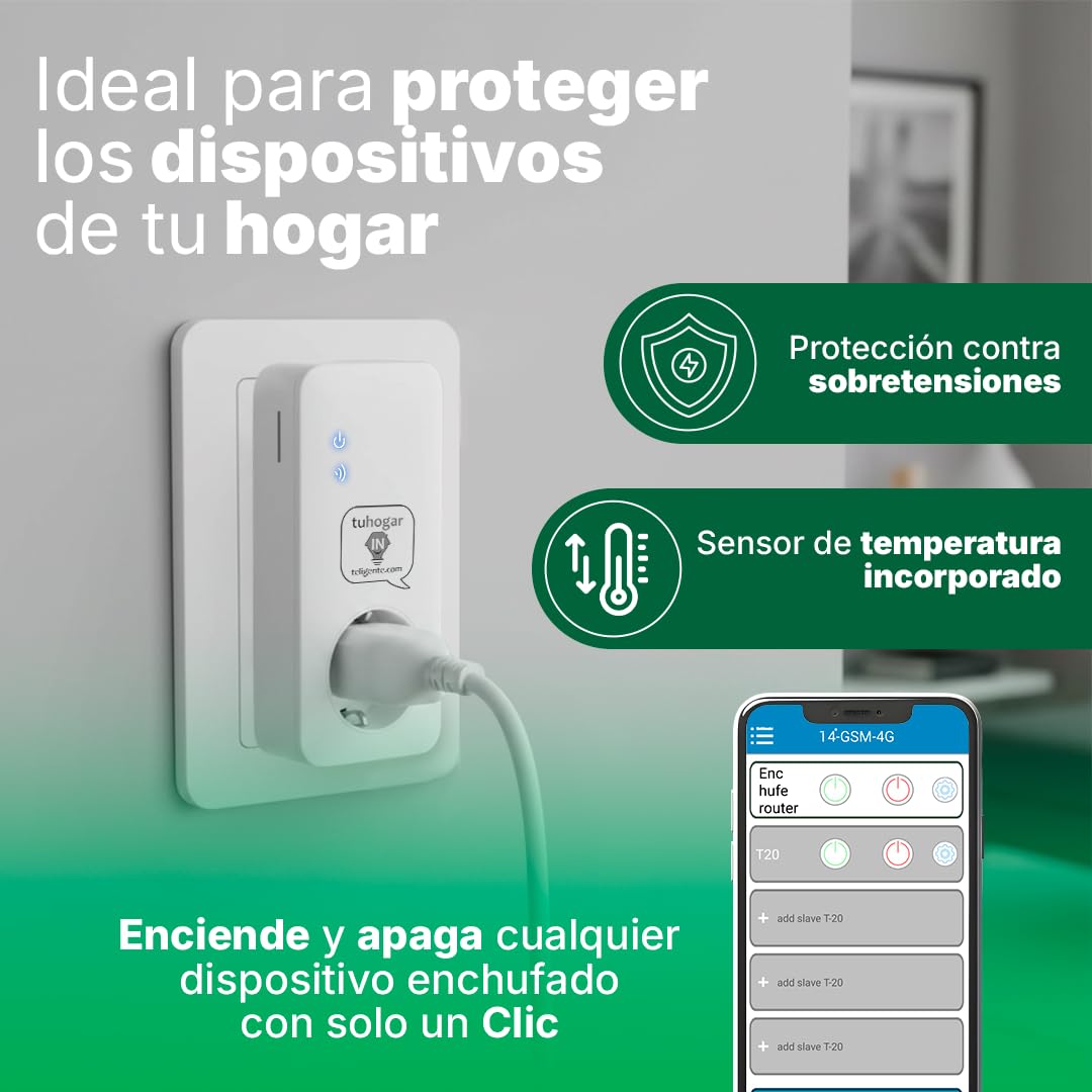 Enchufe Inteligente sin Internet/WiFi | Requiere Tarjeta Sim GSM/4G | Con Sensor de Temperatura y Control Remoto vía SMS, Llamada o APP | Notificación de Corte y Restauración de Corriente