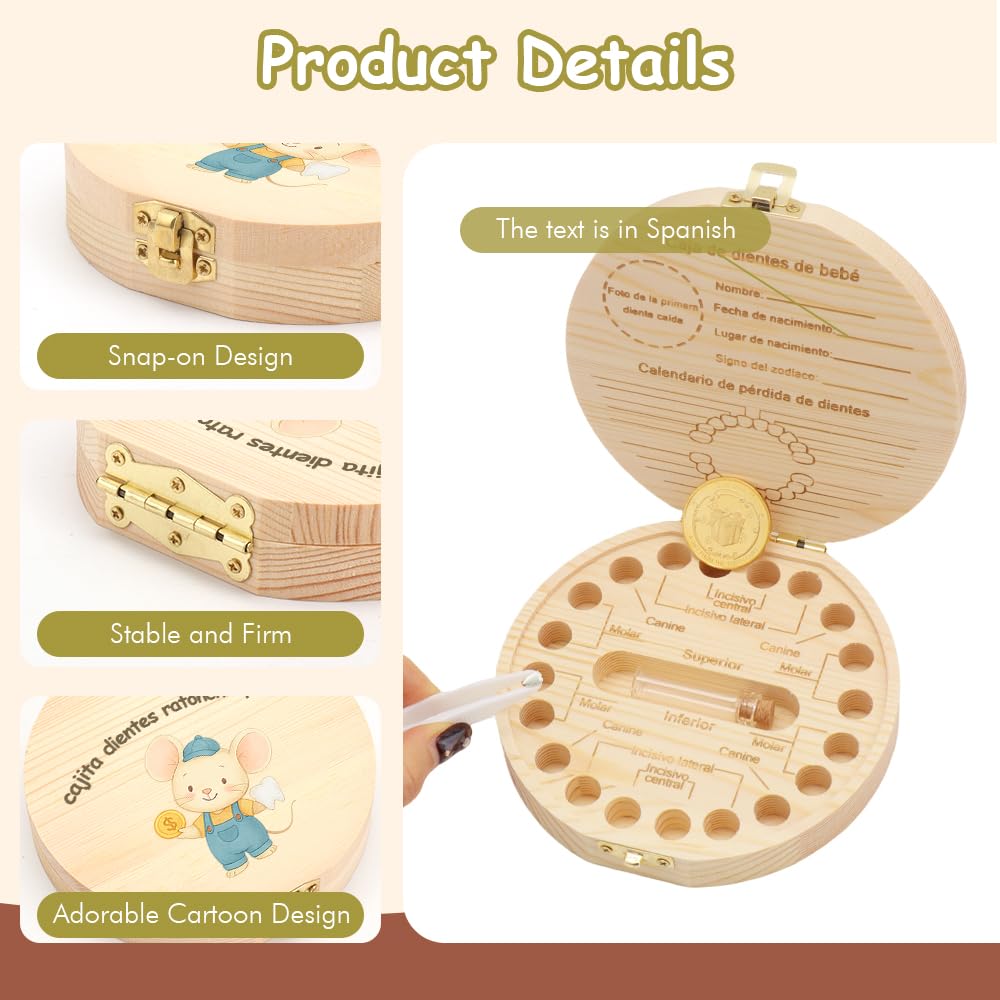 WALLFID Caja Dientes de Leche Ratoncito Pérez para Niño y Niña, Cajita de Madera con Motivo Ratón Colorido, Incluye Tarjeta y Moneda,Acumulación de Dientes — view 3