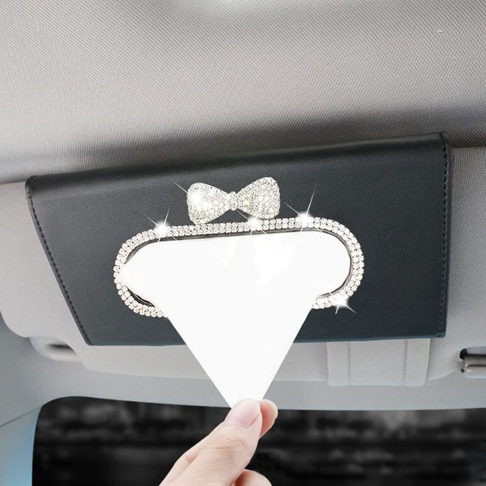 Lupapeach Car Tissue Holder Bling Mask Holder for Car Visor Napkin Holder Visor Mask Dispenser for Car Crystals PU Leather Backseat Tissue Paper Towel Cover Case for Women (Black)