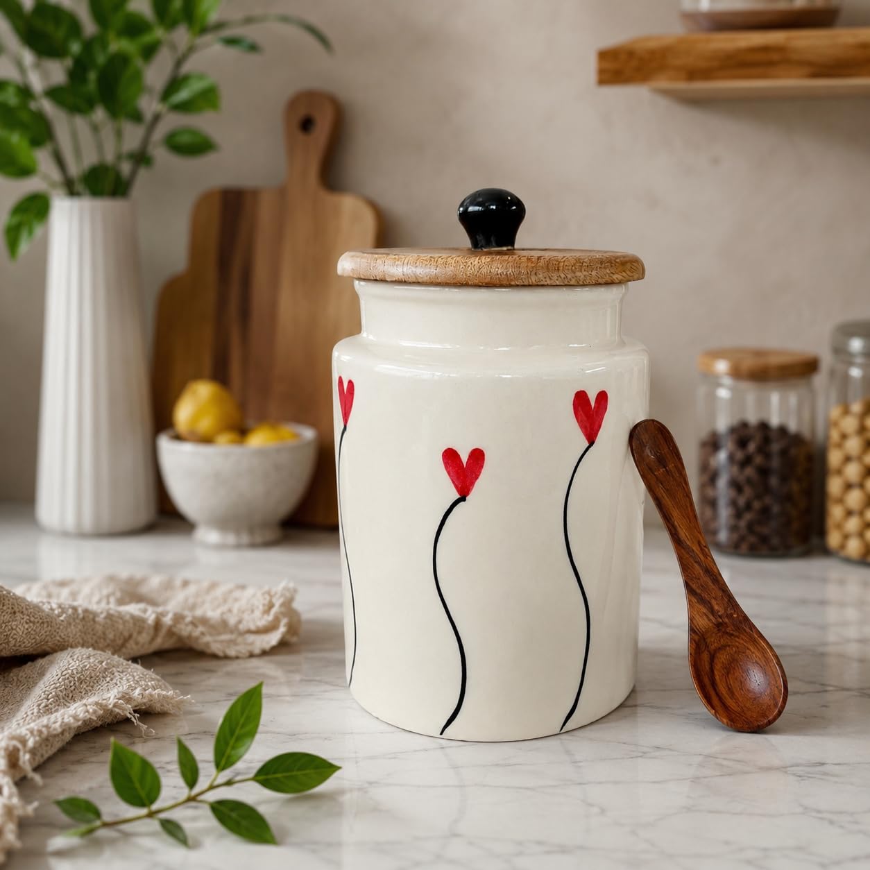 Two Moustaches 7 Inches Heart Design Ceramic Storage Jar with Wooden Lid & Wooden Spoon | Airtight Kitchen Canister for Tea, Coffee, Sugar, Cookies, Dry Fruits & Snacks, Pack of 1-image-41