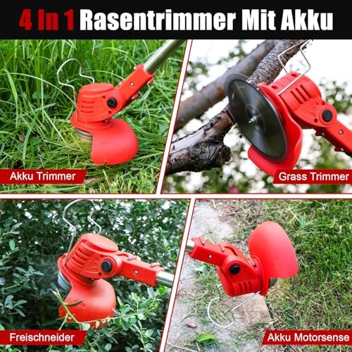 Bild 2 - Rasentrimmer mit Akku, Akku Rasentrimmer mit 2 Akkus und 4 Messertypen Verstellbarer Freischneider, Teleskop Freischneider Akku mit Geringem Geräuschpegel für Höfe, Gärten und Gehwegkanten