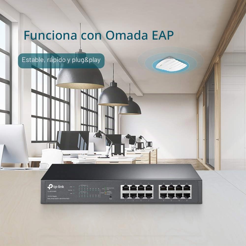 TL-SG1016PE Gestionado Gigabit Ethernet (10/100/1000) Energía sobre Ethernet (PoE) Negro Switch | 8 puertos PoE+ de 150 W, Plug & Play, metal resistente con puertos blindados, QoS, VLAN, IGMP LAG, ayuda gratuita de expertos
