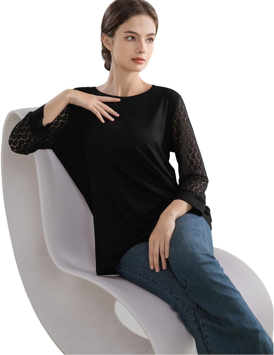 Womens 3/4 Length Sleeve Tops Summer Crew Neck Lace Tunic T-Shirts Business Casual Fashion Blouses Tops 2025 - Image 2