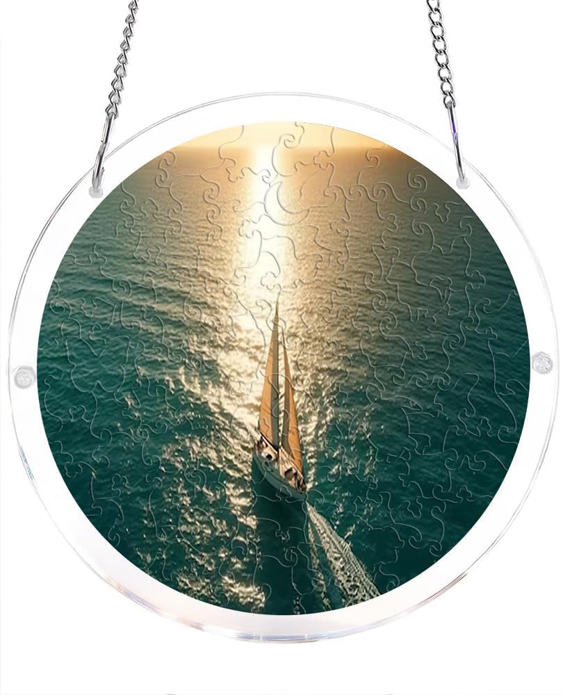 Sailboat On Ocean Sunset Sea View Acrylic Jigsaw Puzzles Suncatcher, 8.2 Inch Window Hanging Suncatcher Acrylic Puzzle, DIY Home Decor Art Gift