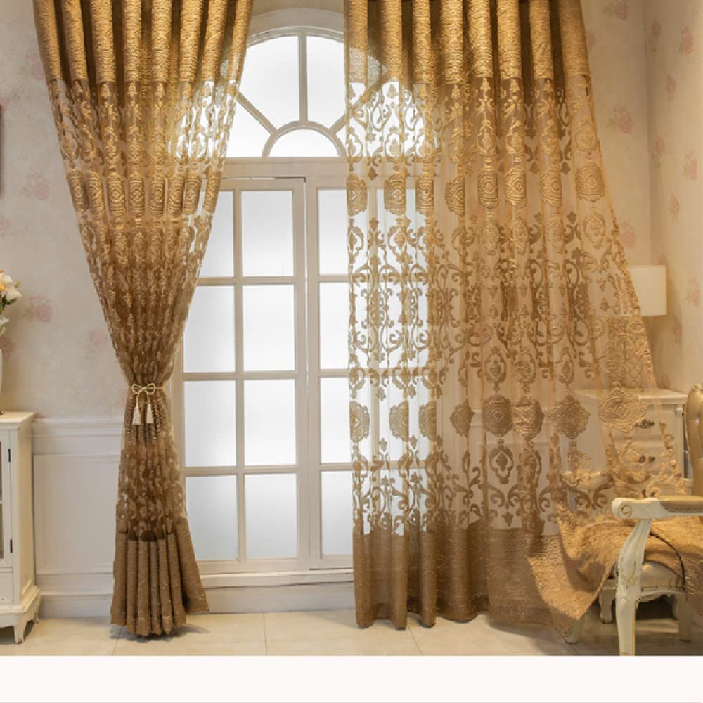 Amidoudou 1 Paar luxuriöse europäische durchsichtige Vorhänge hohl bestickte Tüllvorhänge für Schlafzimmer Wohnzimmer (Gold, 168 x 228 cm)