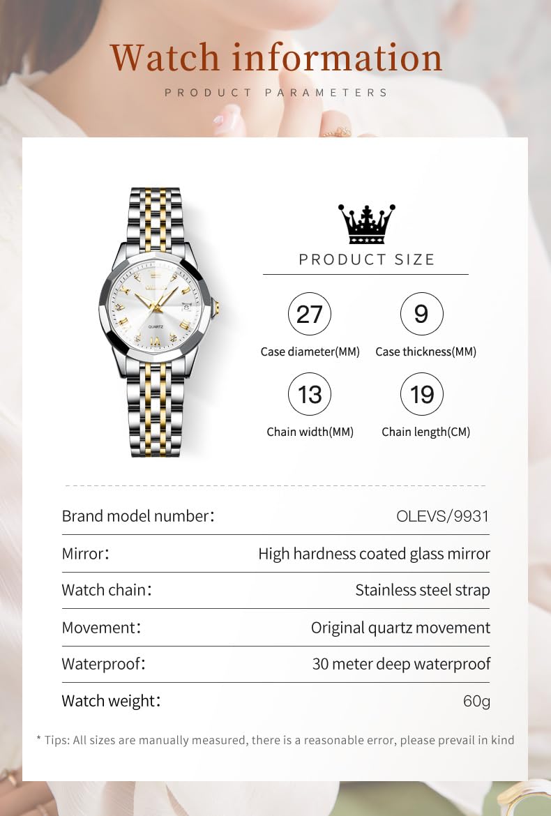OLEVS Reloj de pulsera para mujer, con diamantes de imitación, analógico, de acero inoxidable, resistente al agua, luminoso, fecha, dos tonos, reloj de oro plateado para mujer
