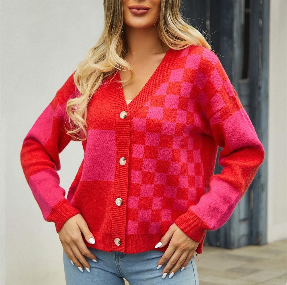 Womens Color Block Plaid Button Down Cardigan Long Sleeve Cable Knit Checkered Sweaters Tops Y2k Aesthetic Clothes