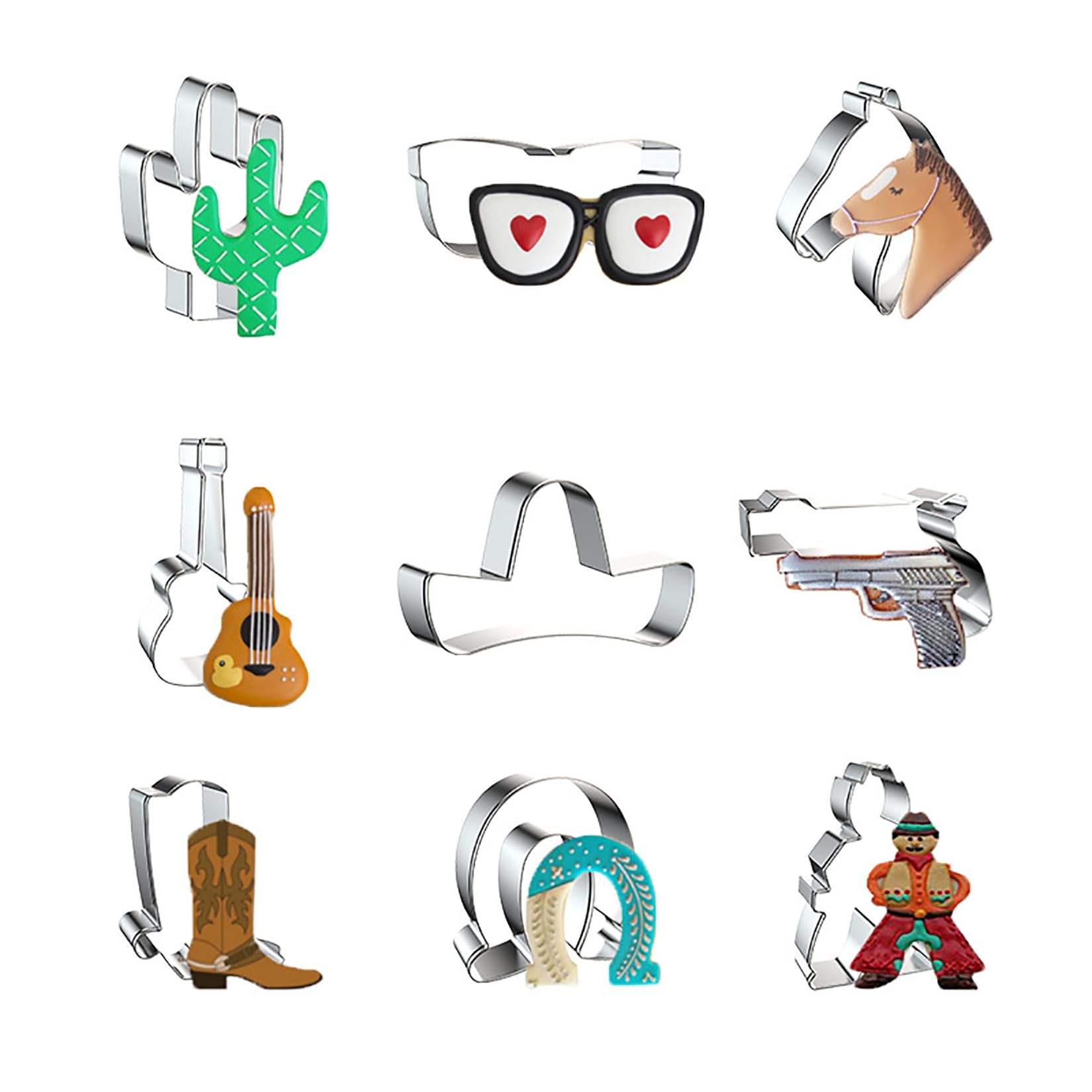 WDYJMALL Western Cowboy Cookie Cutters 9-Pc Set - Cactus Glasses Horse Guitar Mexican Cinco de Mayo Sombrero Hat Pistol Gun Cowboy Boot Horseshoe Cowboy - B
