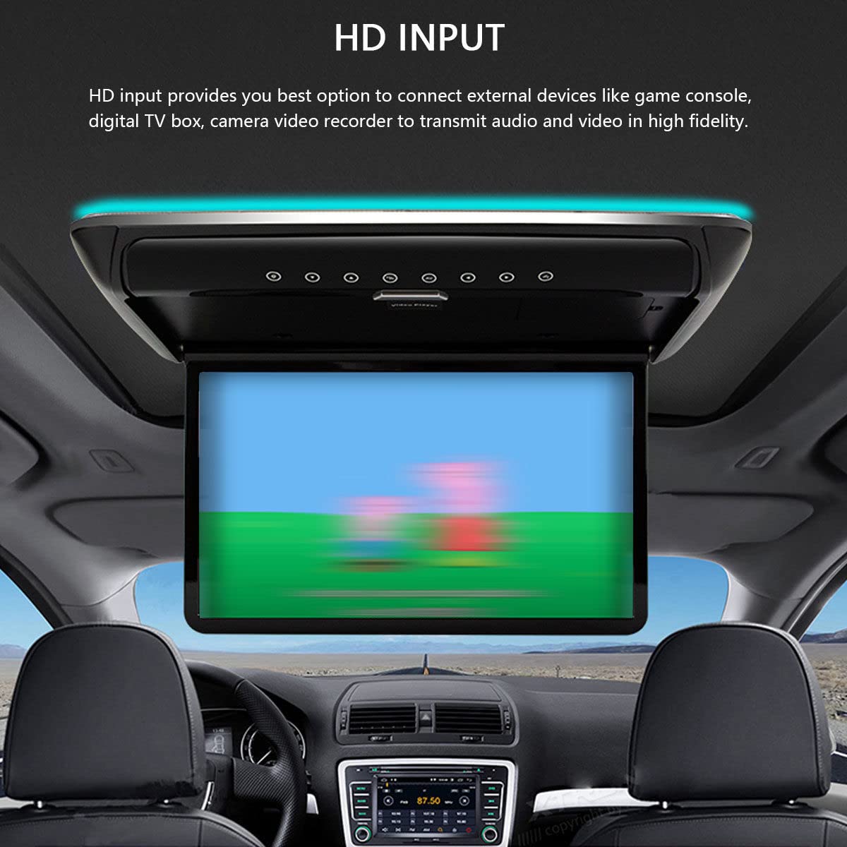 15.6'' Schermo Ribaltabile per Monitor da Tetto per Auto 1080P, visualizzazione TV Digitale HD a soffitto con Luce d'atmosfera, Lettore per Auto MP5, HDMI IR FM USB,Beige
