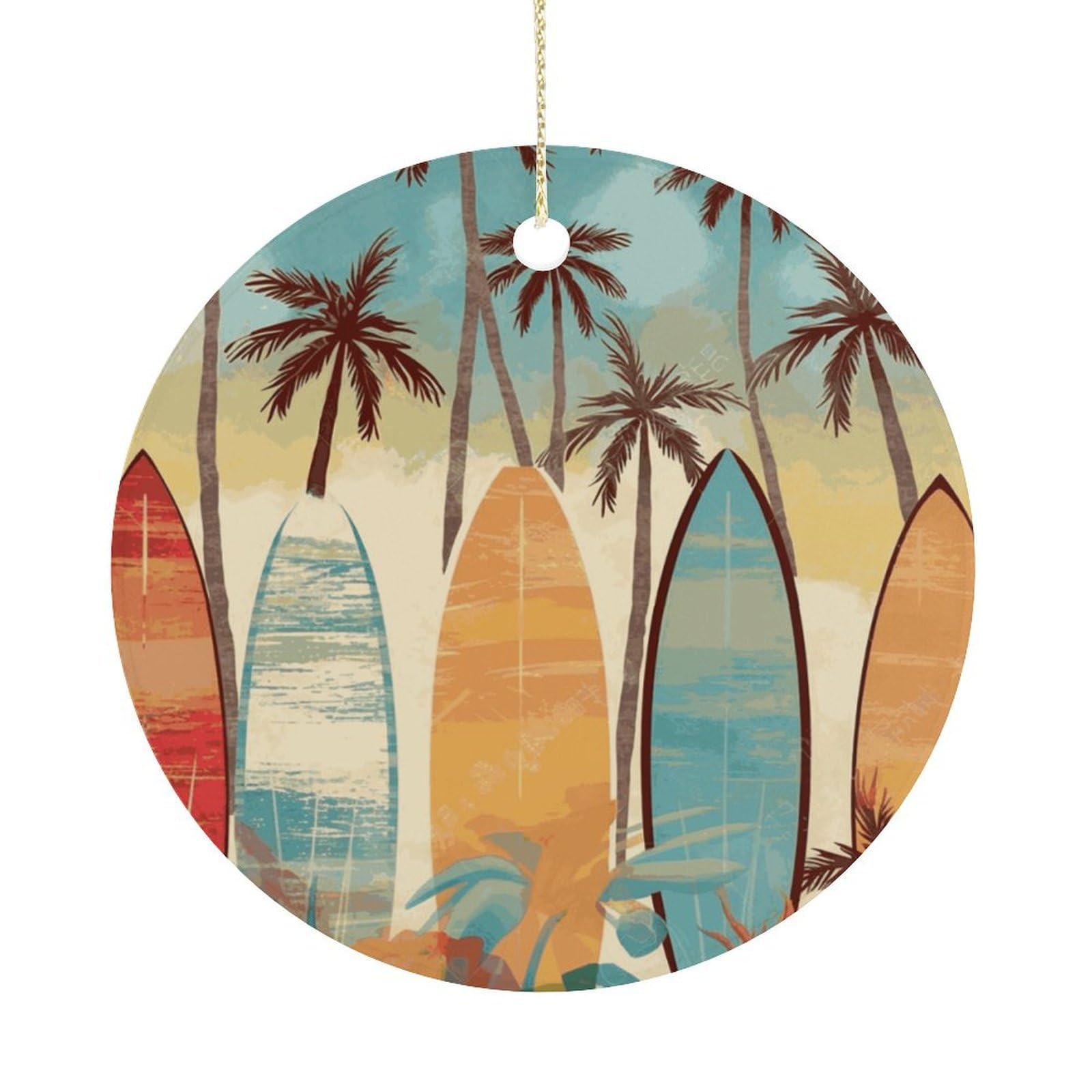 Surfboard Palm Tree Christmas Ornament,Round Ceramic Ornaments Personalized Christmas Tree Ornament for Holiday Porcelain Keepsake Gifts Ideas Home Decor