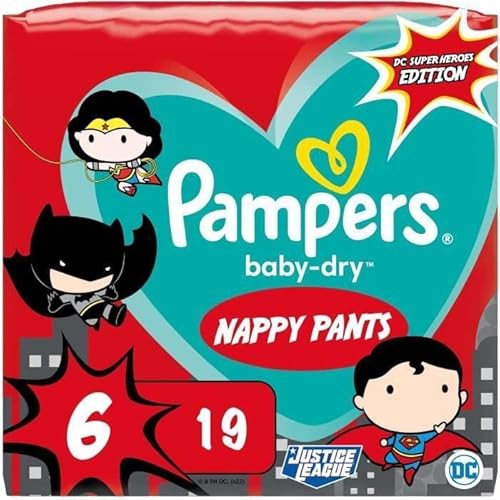 Pampers Baby-Dry Superhelden Pants - Pañales (talla 6, 19 pañales, 14-19 kg, con bolsillo protector y parada Cover