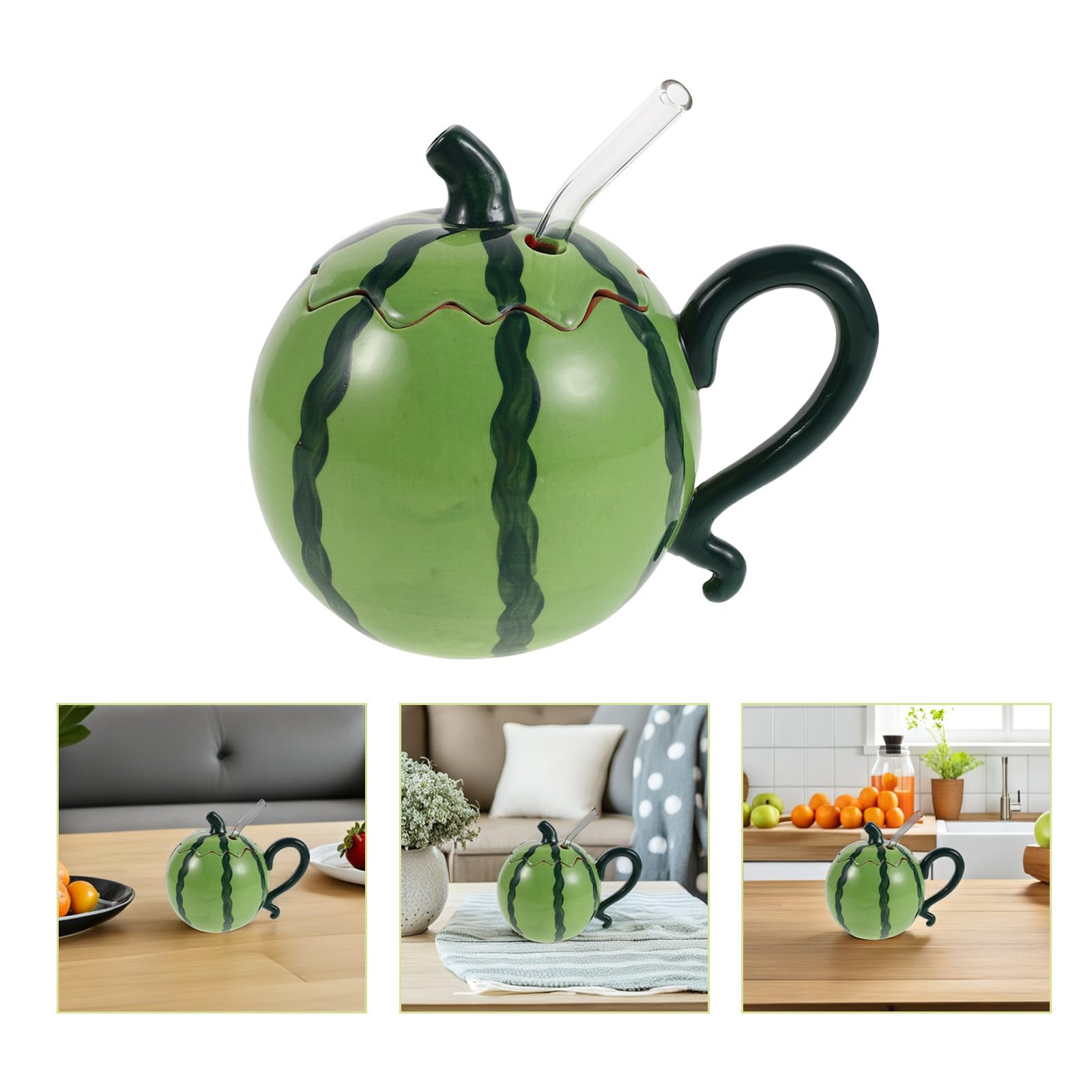 VALICLUD Keramik Wassermelonenbecher mit Deckel und Strohhalm 500ml