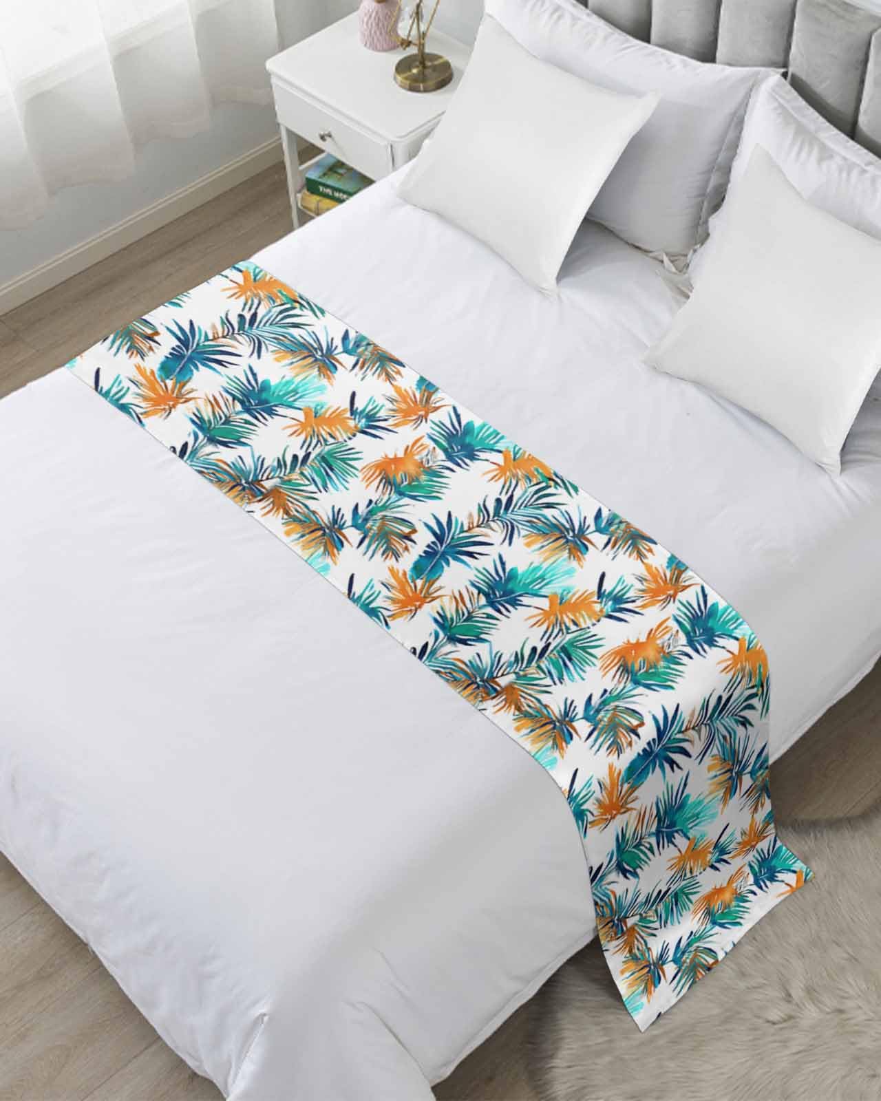 Teal Orange Palm Leaf Bed Runner for King Size, Summer Leaves Botanical Bedspread Protector Slipcover Bed Scarf for Foot Runners & Scarves for Bedroom Hotel Wedding Room 102x20 Inches