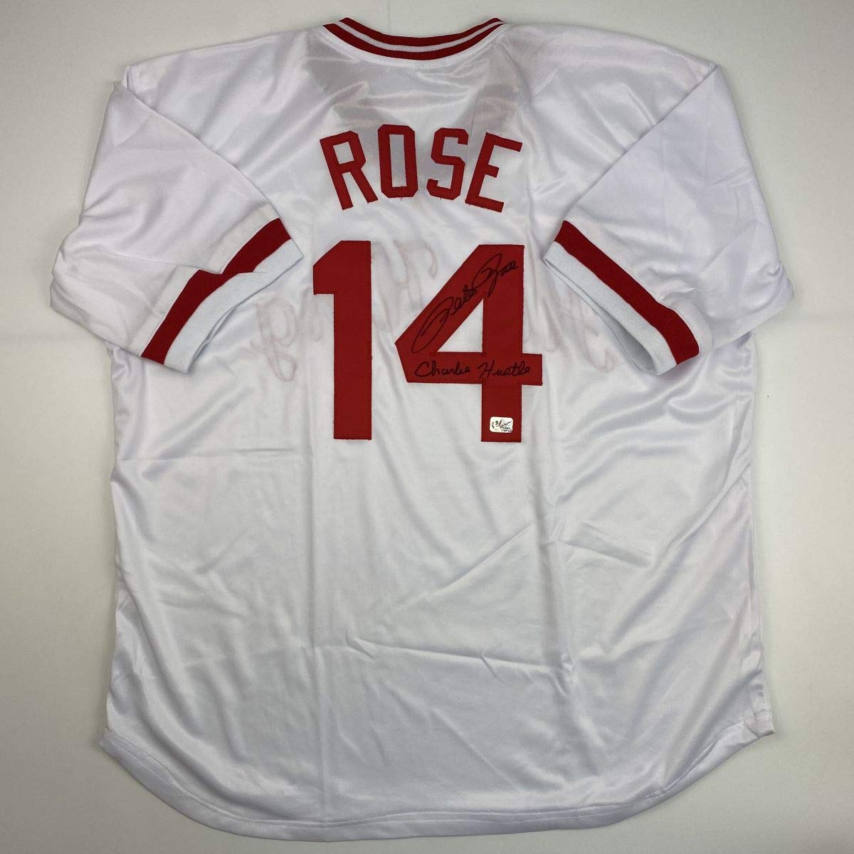 Autographed/Signed Pete Rose Inscribed Charlie Hustle Cincinnati White Baseball Jersey Athlete Hologram COA #2