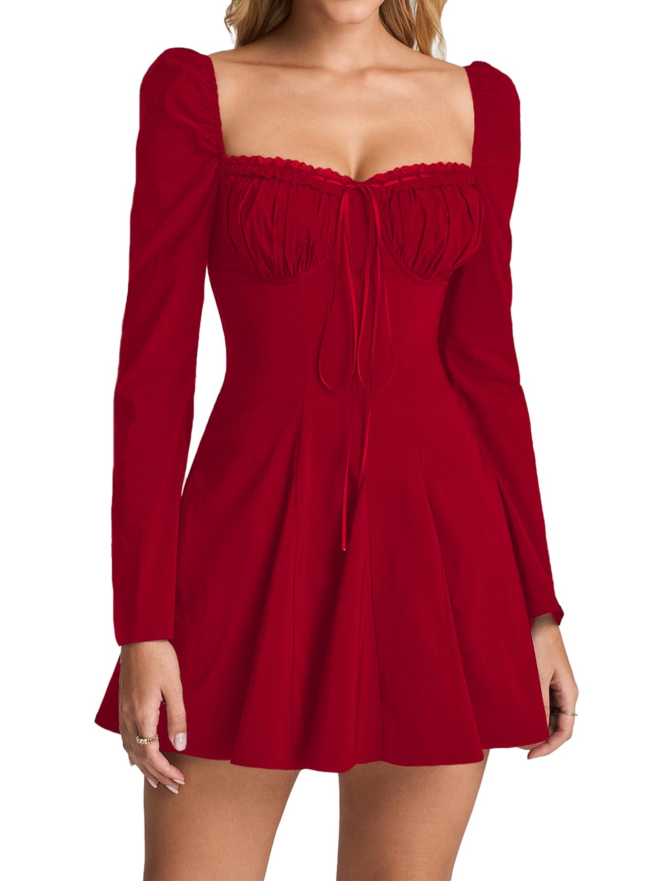 EYNMIN Long Sleeve Mini Dress Lace Sweetheart Neckline Flowy A Line Short Going Out Dresses for Women: Red X-Large