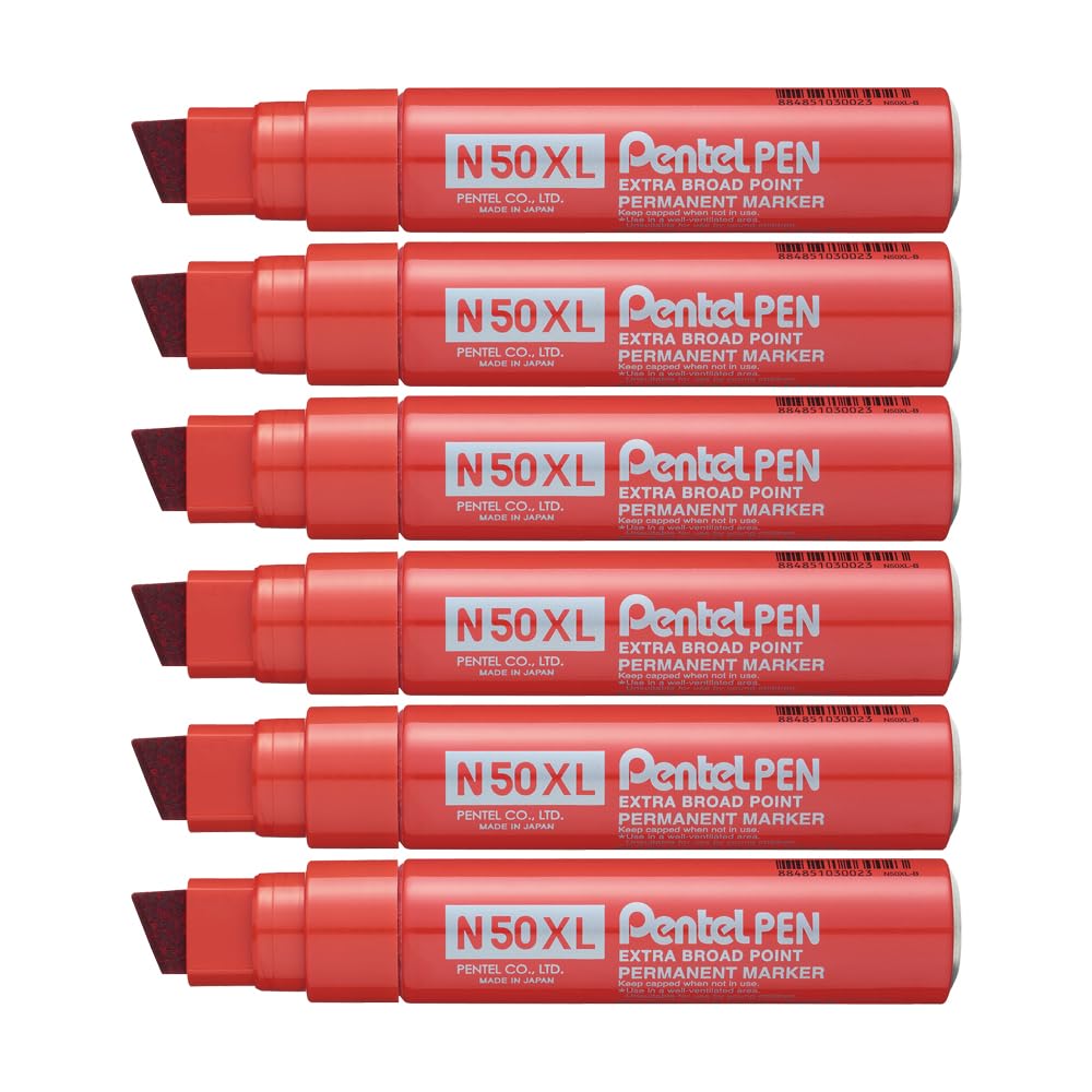Pentel - Marcador industrial con cuerpo de aluminio y punta biselada XL. Apto para casi todas las superficies. Color rojo. - Pack de 6