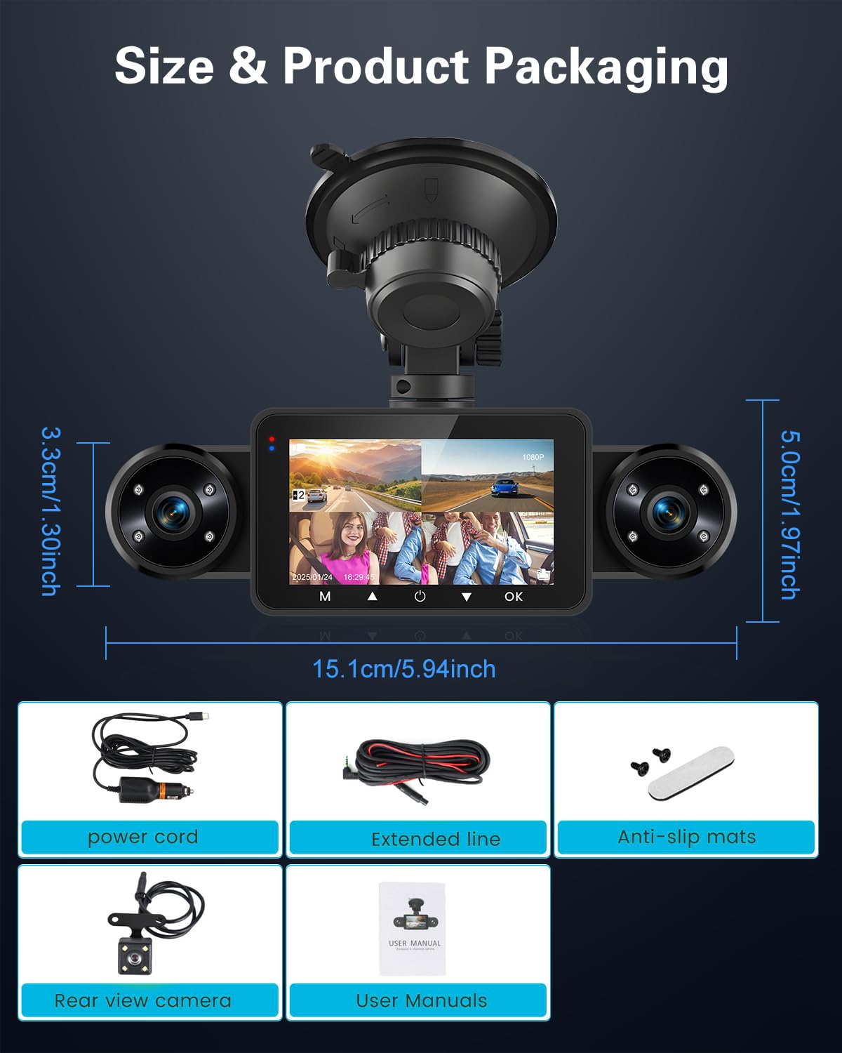 NHOPEEW Dash CAM de 4 Canales con Pantalla táctil IPS de 3 Pulgadas Frontal y Trasera con 8 Luces IR de visión Nocturna, grabación en Bucle, grabación de 24 Horas, Sensor G + Tarjeta TF de 64 G