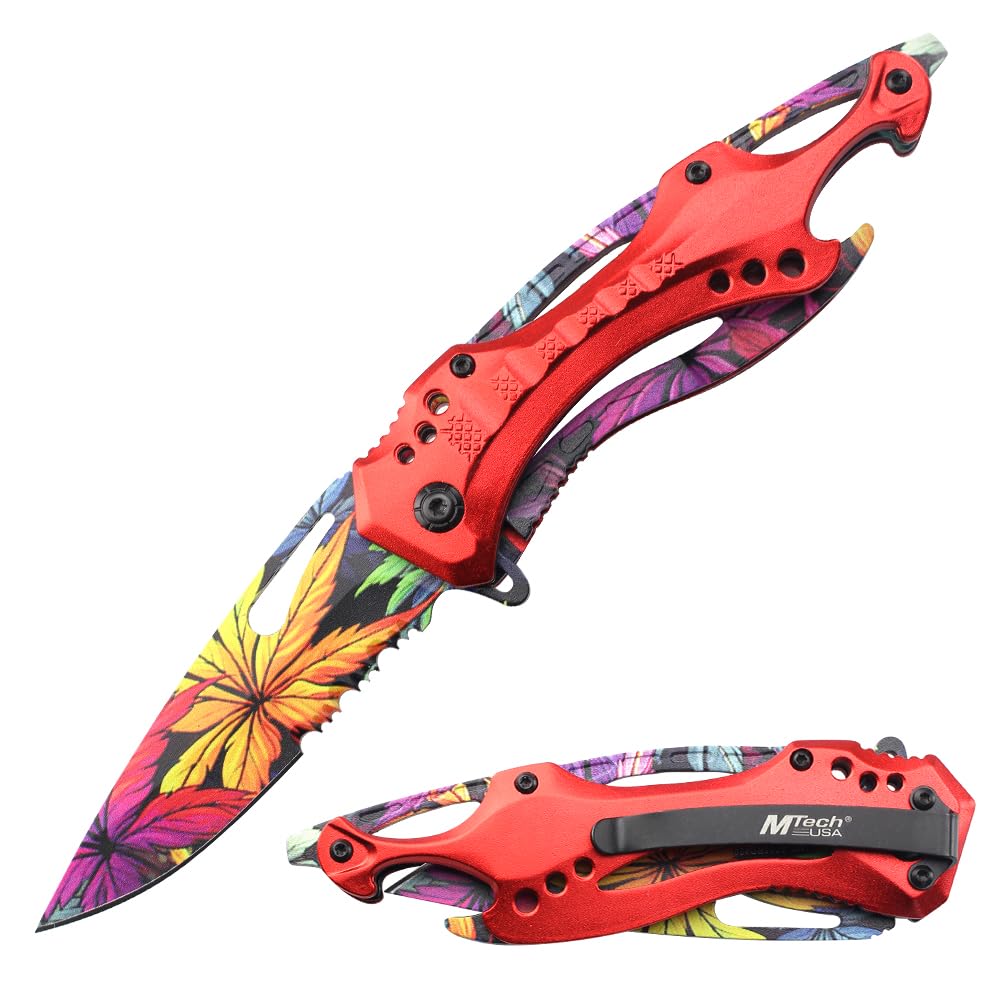 MTECH USA Folding Knife, 3.75-Inch Half-Serrated Blade, Titanium Coating, Glass Breaker, Pocket Clip