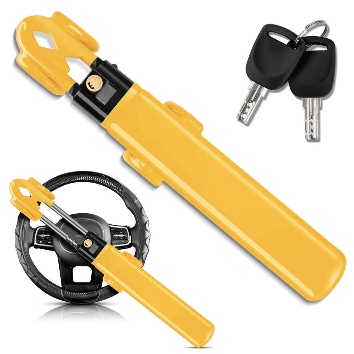 VIWIKCar Steering Wheel Lock, Heavy-Duty AntiTheft Car Device with Adjustable Length, Double Hook Car Security Lock with 2 Keys, for SUV, Truck, Van, RV, Sedan (Yellow)