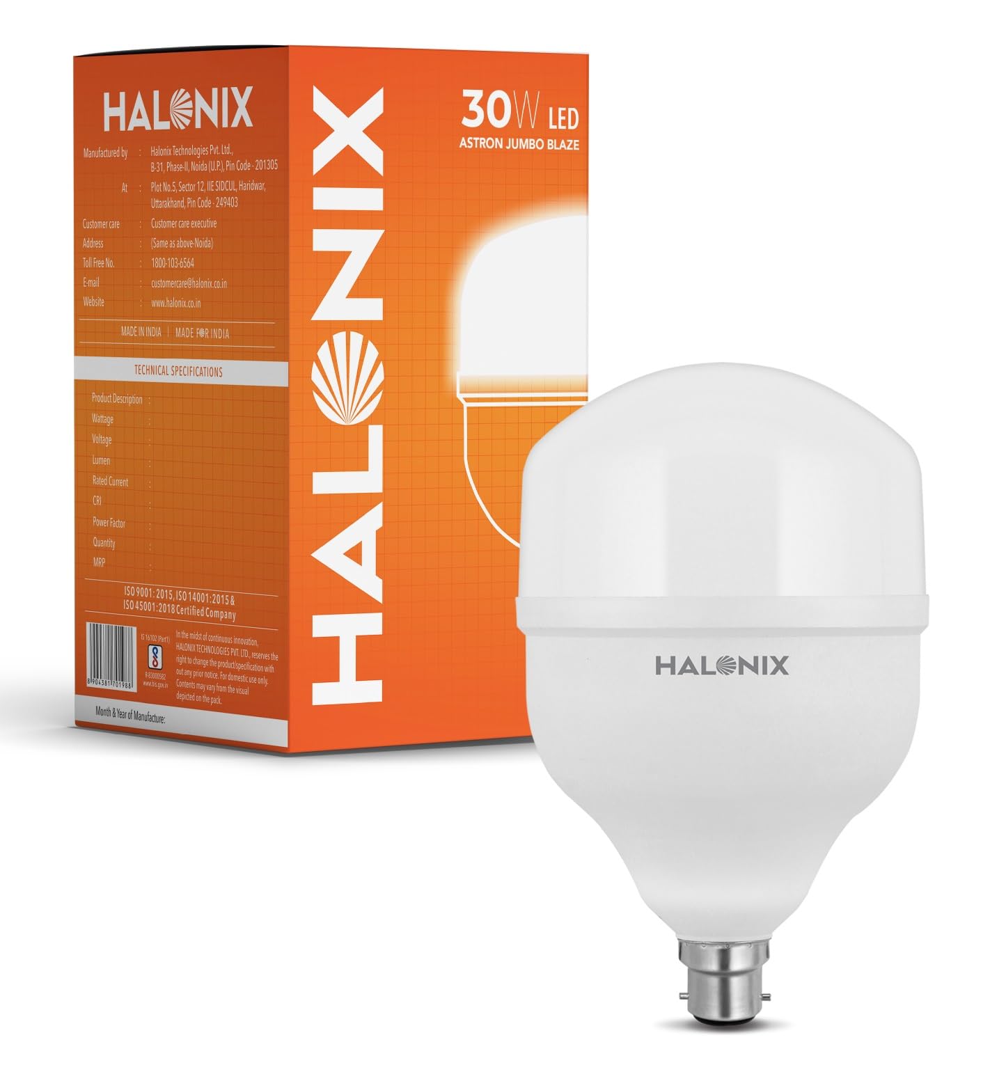 Halonix Jumbo 30W LED Bulb | Cool Day Light (6500K) |Pack of 1 |Energy Efficient| 4kv Surge Protection |Base- B22 | High Wattage Led Bulb|