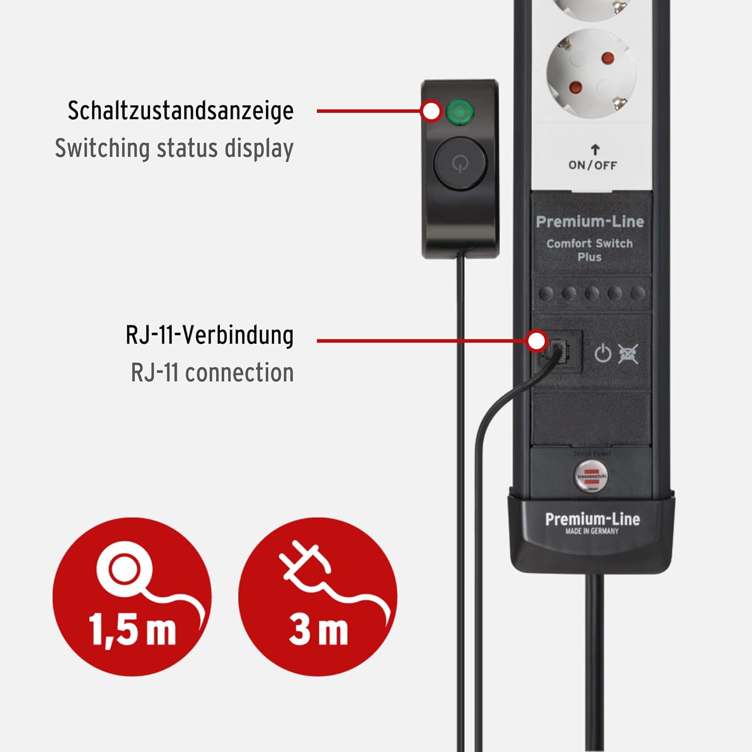 Brennenstuhl Premium-Line Comfort Switch Plus Power Strip 6-Way (3 m Cable, Additional Hand/Foot Switch, Wall Mounting, Made in Germany) Black/Grey