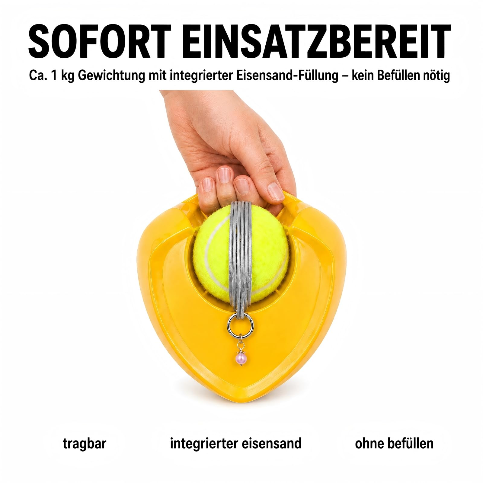 Tennis Trainer Set mit Ball an Schnur – Tennistrainer mit standfester Basis ohne Wasserbefüllung, 2 m Schnur + Ersatzball mit 4 m Schnur, Beutel, Solo Trainingsgerät für Tennis & Padel