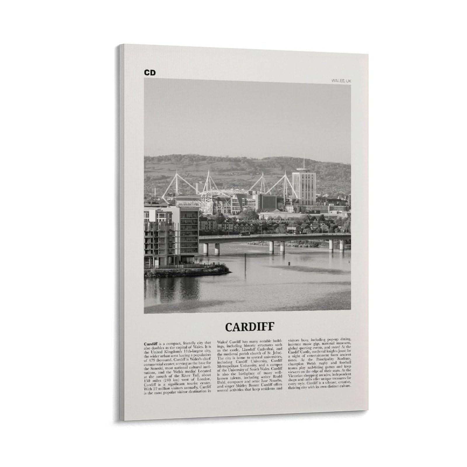 LZTEN Cardiff Print Black And White, Cardiff Wall Art, Cardiff Poster, Cardiff Photo, Cardiff Wall Decor, Wales, UK, United Kingdom, Europe Canvas Wall Art