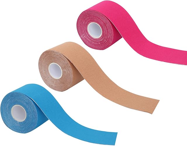 ENLACE Kinesiotapes, 3 rolki taśmy kinezjologicznej, niebieskie + różowe + kolor skóry, wodoodporne, elastyczne taśmy kinezjologiczne, do uprawiania sportu, kolan, ujędrniania mięśni, na co dzień