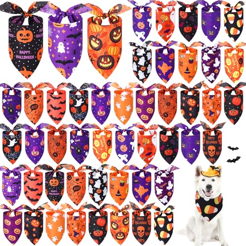 Image of Abbylike 50 Pcs Halloween Dog Bandanas Bulk, Pumpkin Ghost Bat Skull