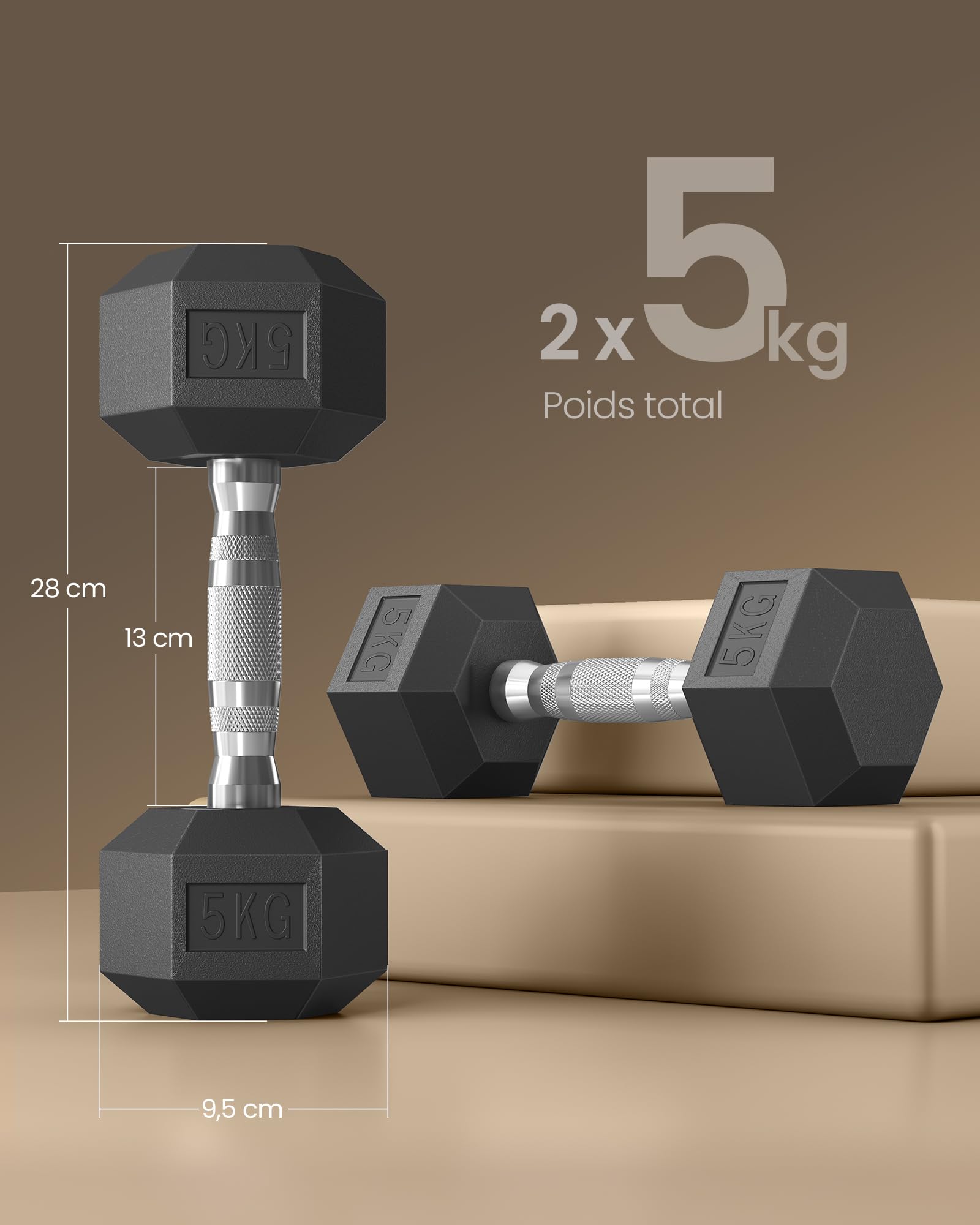 SONGMICS Lot de 2 haltères hexagonaux 2 x 5 kg 2 x 10 kg pour entraînement, fitness, haltérophilie à la maison, salle de sport, noir encre