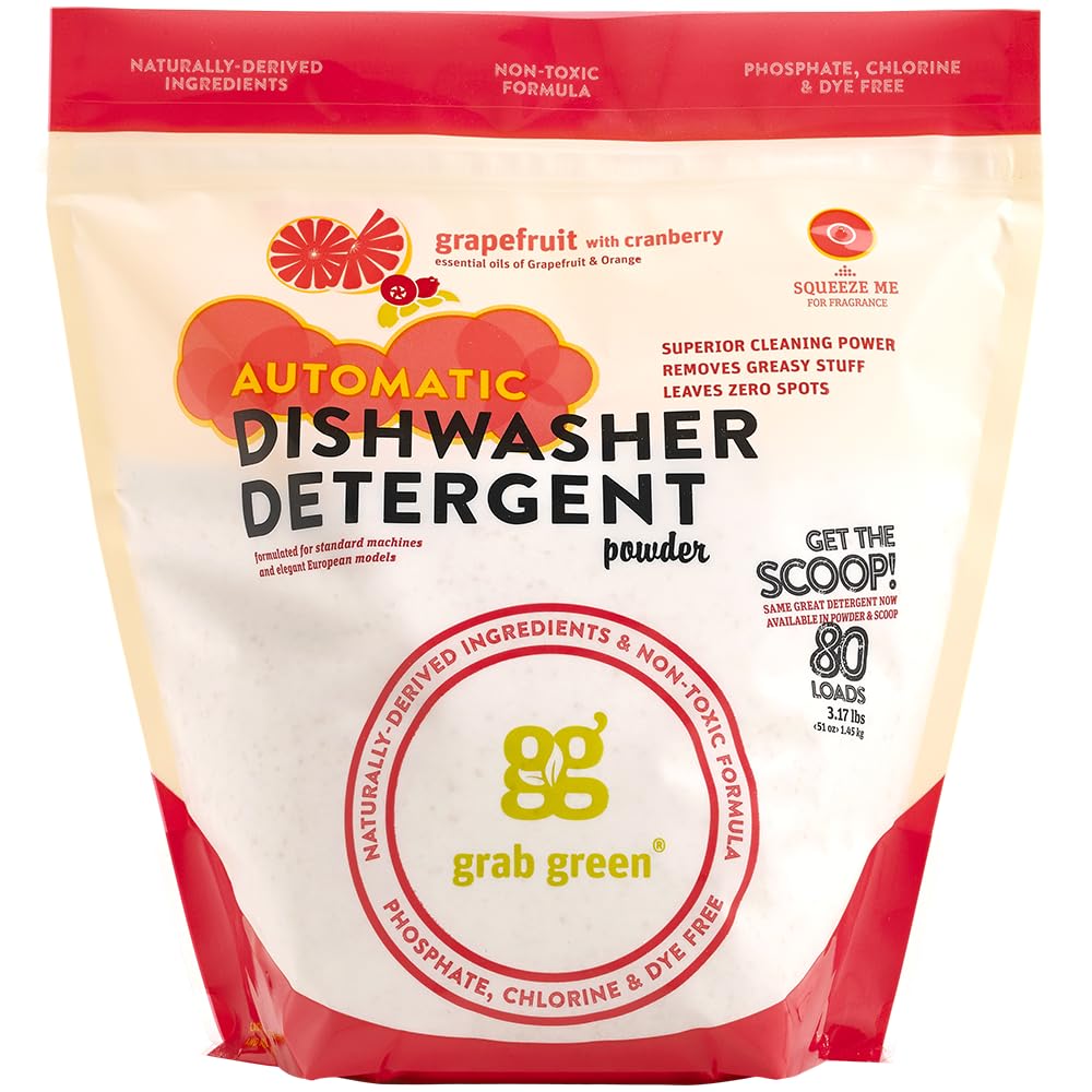 Grab Green Automatic Dishwashing Detergent Powder 3.17 lbs, 80 Loads, Grapefruit Cranberry Scent, Plant and Mineral Based, Superior Cleaning, Powerful Grease Removal, Brilliant Shine