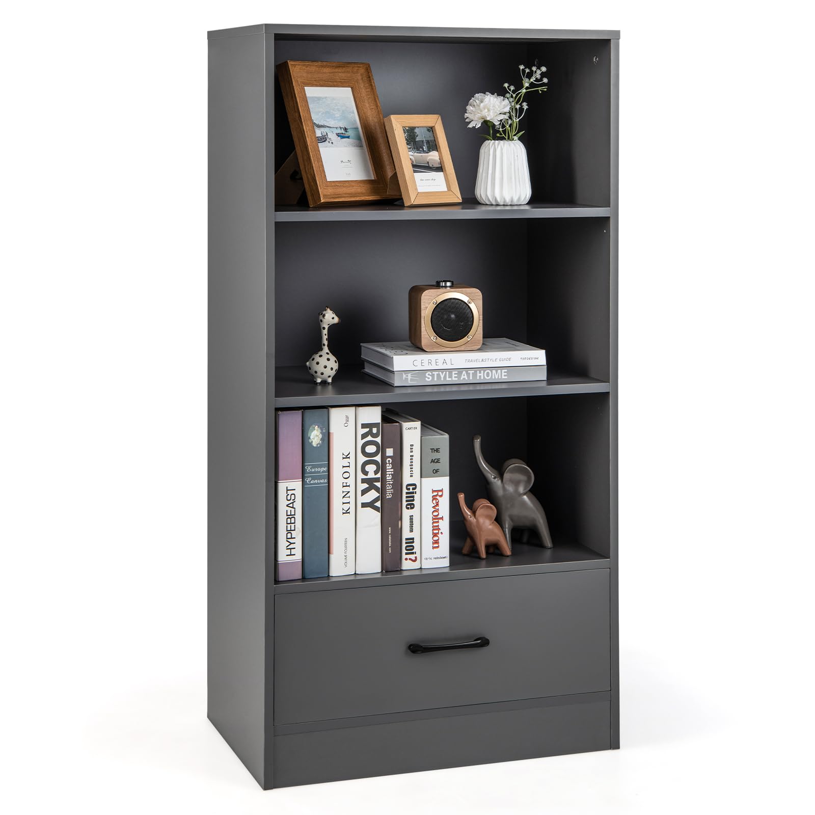 COSTWAY Wooden Bookcase, Freestanding Storage Bookshelf Cabinet with 3-Tier Open Shelves & Drawer, Display Rack Shelving Unit Cupboard for Living Room, Bedroom, Hallway and Office (Grey)