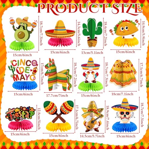 Image of 12 Pcs Cinco De Mayo Fiesta Honeycomb Table Centerpiece 7.3 Inch Mexican Party Decoration for Fiesta Mexican Themed Taco Party Birthday Day of The Dead Decor Supplies