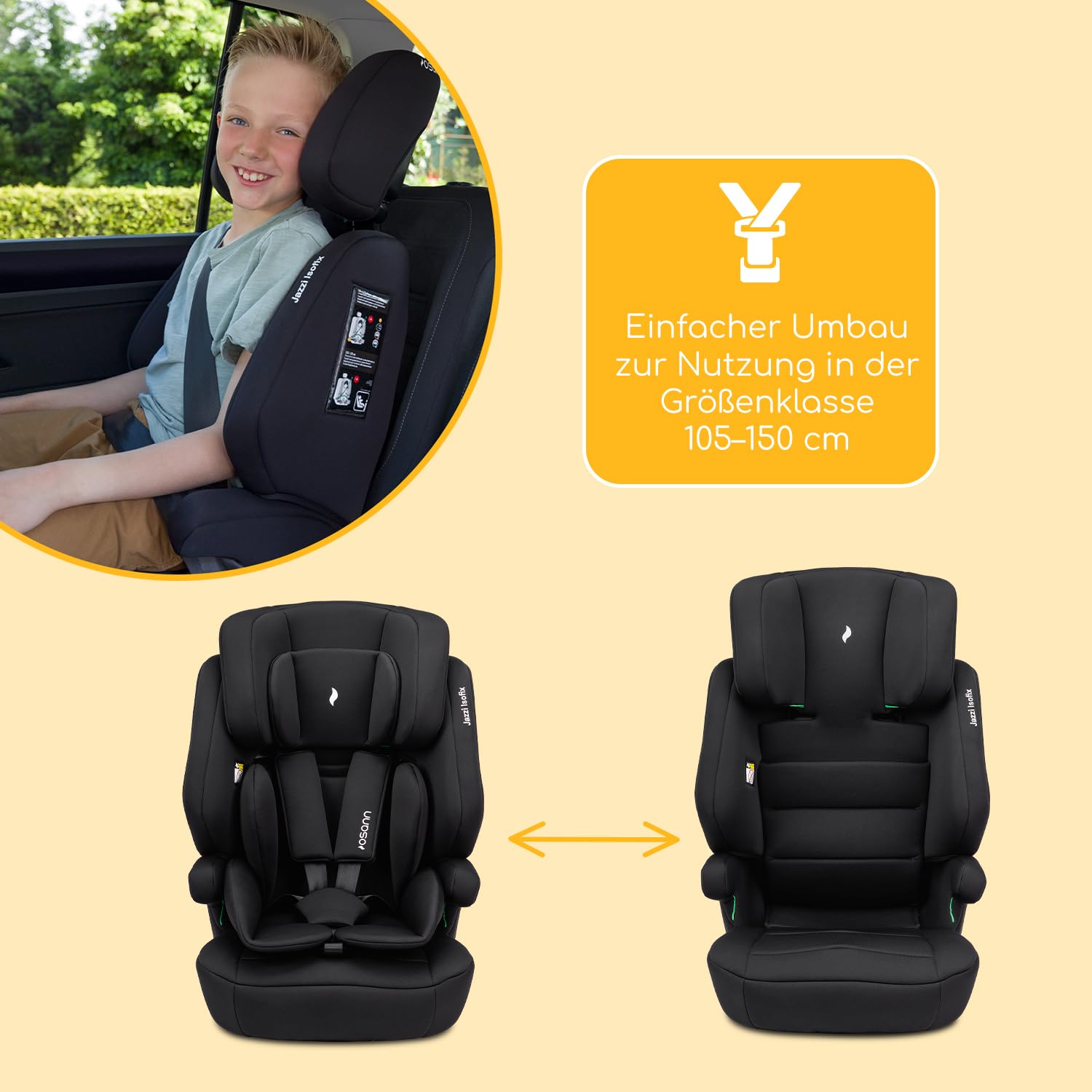 Osann Jazzi Isofix Kindersitz ab 1 Jahr (76–150 cm), Kindersitz mit Isofix | mitwachsender Kinderautositz, Kindersitz 9-36 kg mit Isofix & Top-Tether, Schutz & Geborgenheit auf jeder Fahrt – Black