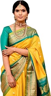 South Indian Yellow Silk Saree with Border and Blouse for Women, featuri...