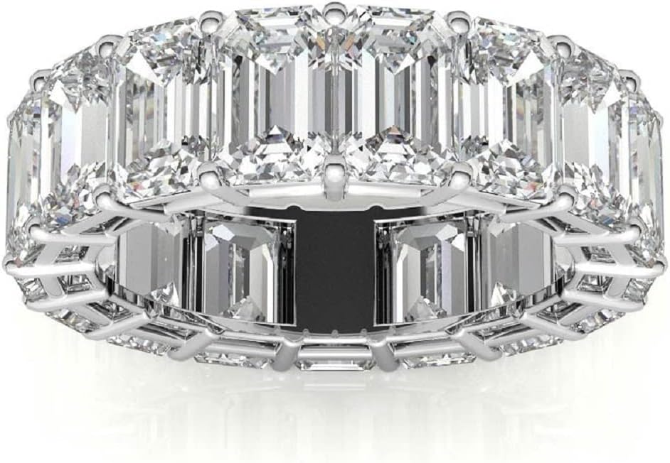 10K Solid White Gold Engagement Band Emerald Cut Moissanite Diamond Solitaire Bridal Wedding Band for Her Women Full Eternity Ring Anniversary Propose RingHandmade Band