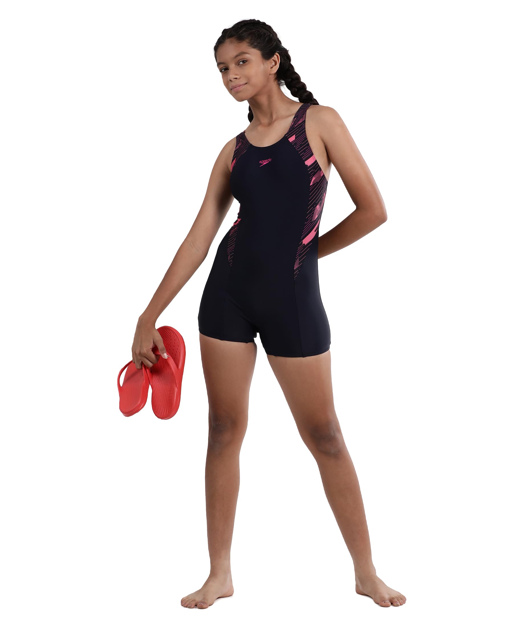 Speedo Girl's Endurance 10 High Chlorine Resistance UPF 40+ Sun Protection Hyperboom Splice Muscleback Legsuit Swimwear - True Navy & Electricpink 1