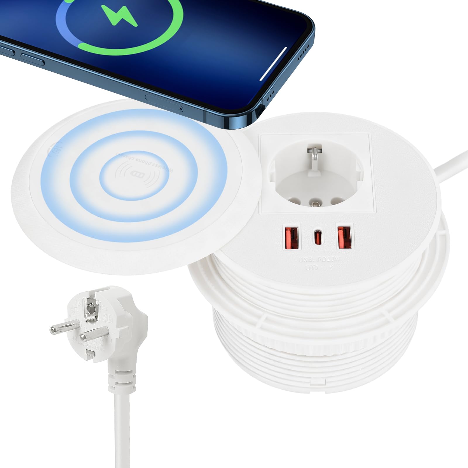 Presa da tavolo con USB C+USB A, presa da incasso, prolunga da incasso con cavo da 1,8 m, presa desktop, prese incassate, 1 tipo C, 2 USB A passaggio cavo, (Bianco con ricarica wireless)