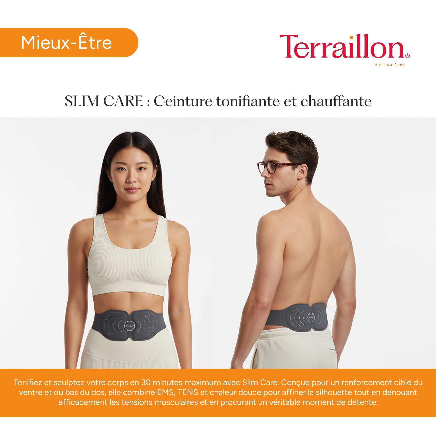 Terraillon Ceinture chauffante Lombaires et Ventre sans Fil Slim Care | Electrostimulation avec programmes guidés TENS & EMS, Tonifie Les Muscles et favorise la Relaxation, Télécommande incluse