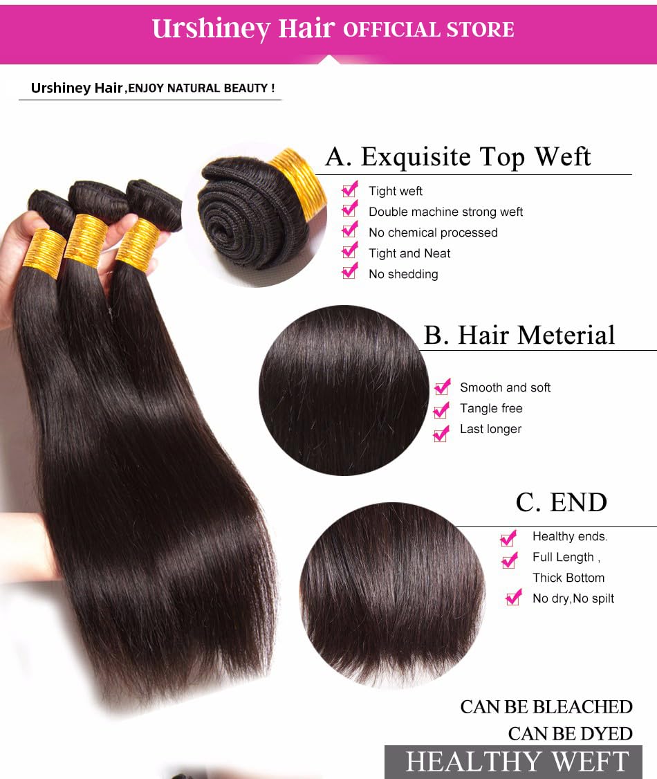 Urshiney Straight Human Hair Bundles for Women Thick Brazilian Virgin Hair Machine Made Double Weft Straight Weave Bundles Human Hair Natural Black Color Can Be Dyed Total 300g 16 16 16 Inch - Image 2