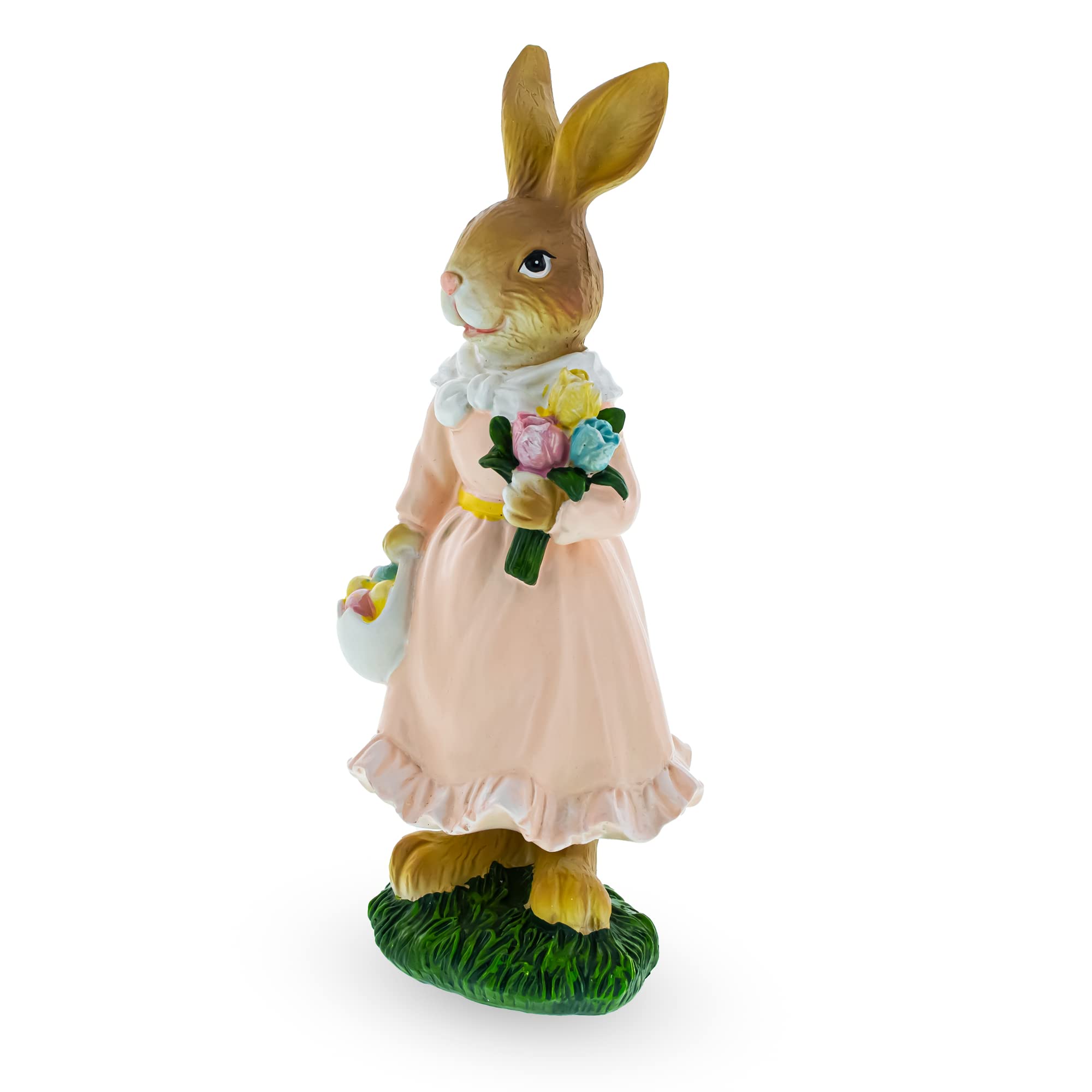 Figurine mère lapin BestPysanky avec panier à œufs et fleurs en résine pour décoration