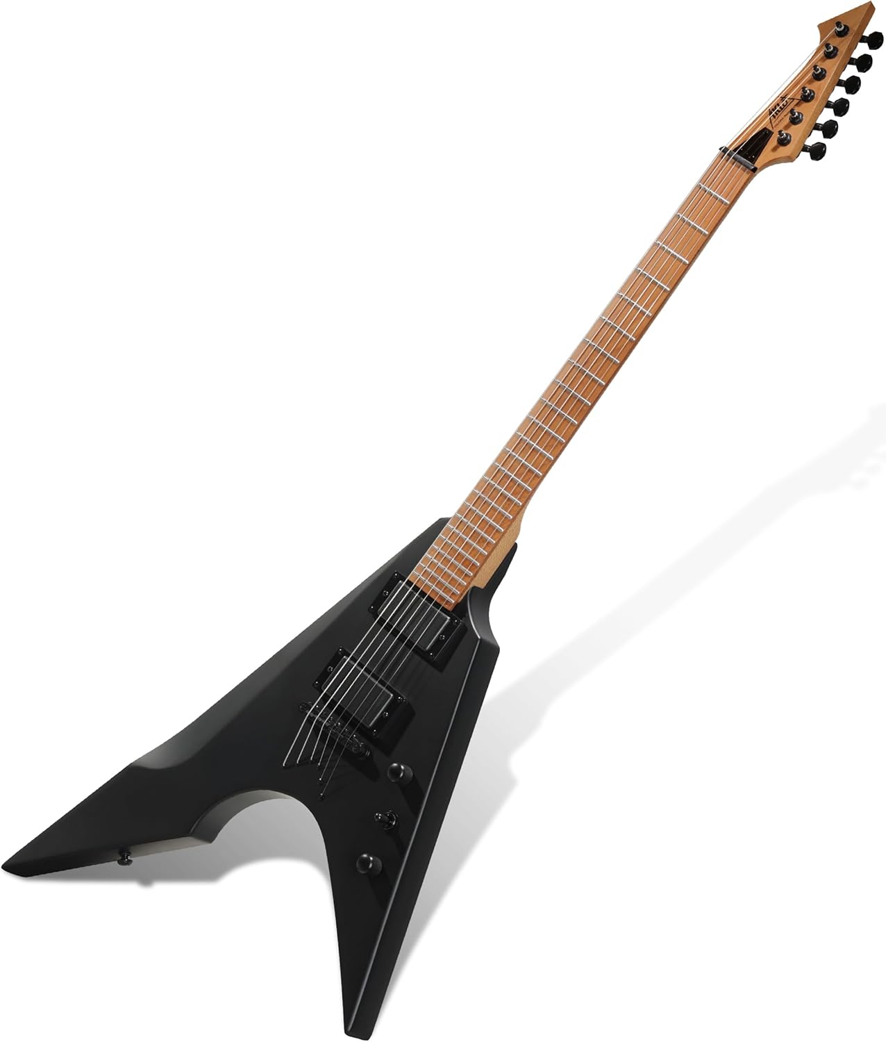 AKLOT Metal V Electric Guitar: HH Pickups, Roasted Maple Neck, Okoume Body, String-Through-Body, Stainless Steel Rounded Ball-End Frets,Beginner Electric Guitar Kit for Adult,Gig Bag,Lesson Book,Black