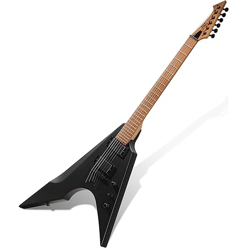 AKLOT Metal V Electric Guitar: HH Pickups, Roasted Maple Neck, Okoume Body, String-Through-Body, Stainless Steel Rounded Ball-End Frets,Beginner Electric Guitar Kit for Adult,Gig Bag,Lesson Book,Black